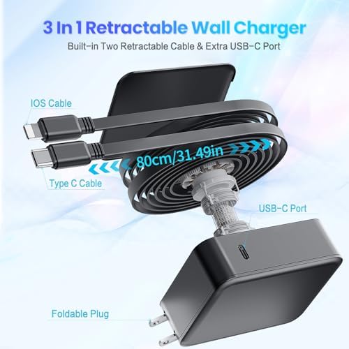 Paiholy 3-in-1 Retractable Wall Charger – 62 W PD Fast Charging for i Phone 16/15, Galaxy & Pixel – Compact, Foldable Design with Dual 35 W Type C Adapter – Ultimate Portable Charging Solution for Busy Travelers and Multi-Device Users