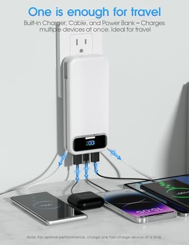 Ultra-Compact 12000 m Ah Power Bank with Built-in Charging Cables & AC Plug – 20 W PD Fast Charging for i Phone, Samsung, Android, USB-C Devices – Travel-Friendly External Battery Pack in Purple – Unmatched Portability and Efficiency for On-the-Go Charging Solutions