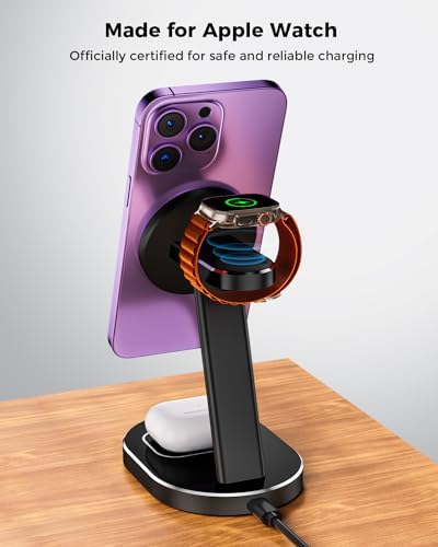 Ultimate 3-in-1 Magnetic Mag-Safe Wireless Charger for i Phone 15, 14, 13, 12 Pro Max, Mini, and Plus – 15 W Fast Charging Station with Aluminum Alloy Stand for Apple Watch & Air Pods – Streamlined Multi-Device Charging Solution with Enhanced Compatibility and Modern Design
