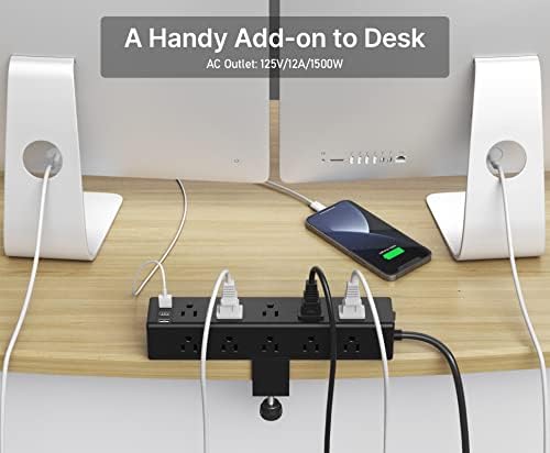 CCCEI 15-Outlet Desk Clamp Power Strip – Ultimate Surge Protector with Fast Charging USB Ports, 6 FT Flat Plug for Enhanced Accessibility, Compatible with 1.6-Inch Tabletops, Sleek Black Design for Modern Workspaces