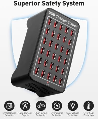 High-Speed 30-Port USB Charging Station – 150 W/30 A Multi-Device Rapid Charger with Smart Detect Technology for Efficient Charging of Smartphones, Tablets, and More – Ideal Travel and Desktop Solution for Busy Professionals and Families