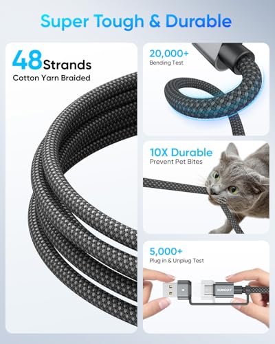 Versatile SUNGUY 4 in 1 Charging Cable – 3 FT Dual Pack with 60 W High-Speed Multi-Device Charging for USB-C, USB-A, and Lightning Compatible Devices Including i Phone 16/15/14 Pro, i Pad, Mac Book, and Samsung Galaxy S25/S24 – Durable, Efficient, and Perfect for Home or On-the-Go Use