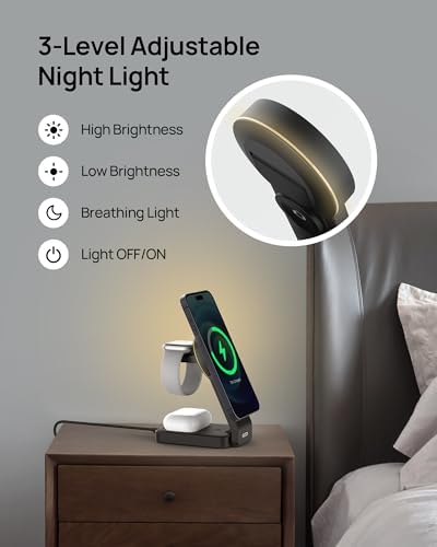SODI Qi2-Certified 3-in-1 Foldable Wireless Charging Station with Adjustable Night Light – Fast Travel Charger for i Phone, Android, Apple Watch & Air Pods, Sleek Multi-Device Nightstand Charger for Effortless Power Management and Enhanced Compatibility