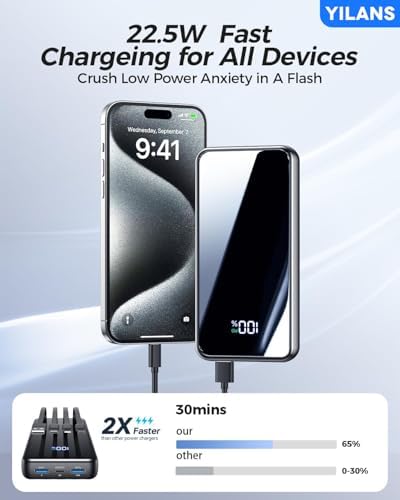 Extraordinary 42800 m Ah Portable Charger with Integrated Cables – 22.5 W PD Fast Charging Power Bank for i Phone 16/15/14/13/12 & Android – Charge Up to 6 Devices at Once with Advanced Safety Features – Optimal Travel Companion with User-Friendly LED Display Experience unparalleled charging capabilities with our cutting-edge 42800 m Ah portable power bank, designed for seamless compatibility with i Phones (16-11 series) and popular Android devices like Samsung S23/S22/S21. Featuring built-in cables (Type-C, i OS, Micro, USB-A), this all-in-one powerhouse eliminates the need for multiple cords and adapters, making it perfect for dynamic lifestyles. With lightning-fast 22.5 W PD fast charging technology, boost your i Phone 15 to 60% in just 30 minutes while safeguarding your devices with intelligent charging recognition. This versatile charger supports simultaneous charging for up to 6 devices, ideal for travel, camping, or outdoor adventures. The compact design (5.61”x2.88”x1.12”) and intuitive LED display ensure you’re always in control of your power needs. Stay connected and worry-free with built-in security features that monitor and prevent overcharging. Elevate your on-the-go lifestyle with this essential power bank!