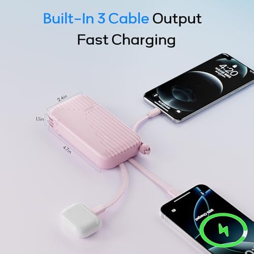 Compact 27 W Fast Charging Power Bank with Built-in Cables – 10,000 m Ah Portable Charger for i Phone & Android – Effortless Multi-Device Charging with 4 Outputs & 2 Inputs – Essential Travel Battery Pack for i Phone 16/15/14 and Newer – Durable Design for On-the-Go Energy Solutions