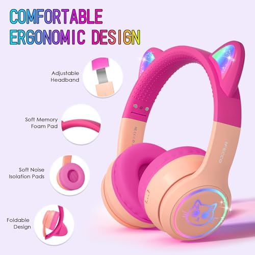 IFECCO Wireless Kids Bluetooth Cat Ear Headphones – Fun Light-Up Design with Volume Limiting Feature, Built-in Microphone, and Foldable Portability for Travel and Learning – Ultimate Gift for Young Music Enthusiasts