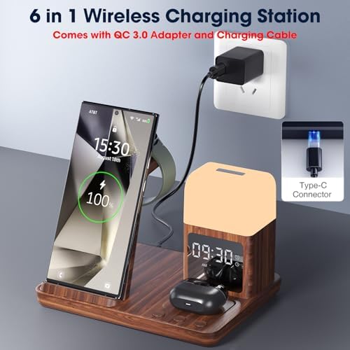 Ultimate 6-in-1 Wireless Charging Station for Samsung Devices – Stylish Purple Design with Alarm Clock and Night Light Functionality – Fast Charging for Galaxy S25/S24/S23 Ultra Series, Galaxy Watch 7/6/5/4, and Galaxy Buds – Ideal for Home or Office Use – Enhanced Safety Features and Adjustable Brightness Settings – Tidy Up Your Space with This Multi-Device Charger – Compatible with USB-C, Perfect for Samsung Users Seeking Convenience and Efficiency – Say Goodbye to Clutter and Hello to Seamless Charging Experience!