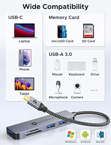 WARRKY 5-in-1 USB C Hub: High-Speed SD/Micro SD Card Reader & USB 3.0 Adapter for i Phone 15 Pro, Samsung Galaxy, Mac Book Pro/Air, i Pad – 2 TB OTG Compatible – Ultimate Connectivity Solution for Photographers & Professionals – Sleek Gray Design for Enhanced Workflow Efficiency