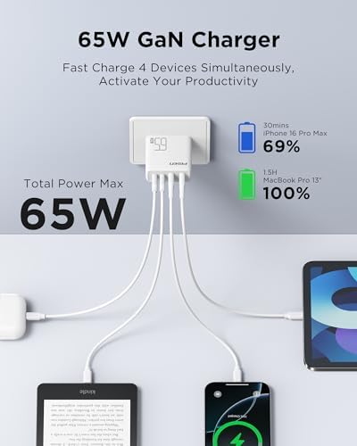 PISEN 65 W Ga N USB-C Fast Charger | 4-Port Compact Wall Adapter with 4 FT Cable | Ultimate Charging Solution for Mac Book Pro, i Pad Pro, Galaxy S23 & i Phone Series | Enhanced Speed, Energy Efficiency & Travel-Friendly Design