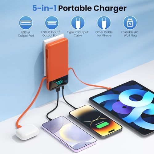 Upgrade Your Charging Experience: 13800 m Ah Portable Power Bank with Built-in Cables and Wall Plug – Fast Charging USB-C Battery Pack for i Phone 16/15/14, Samsung & Android Devices – Ultimate Travel Companion with 4 Outputs for Simultaneous Device Charging