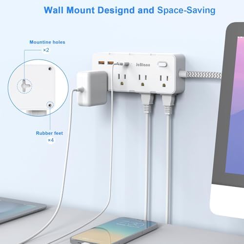 Ultimate Power Strip Surge Protector – 8 Outlet Multi Plug Adapter with 4 Fast-Charging USB Ports (2 USB-C), 5 FT Flexible Extension Cord, 45° Ultra-Slim Flat Plug Design for Seamless Wall Mounting in Office, Travel, or Dorm Settings – Superior Device Protection and Charging Efficiency