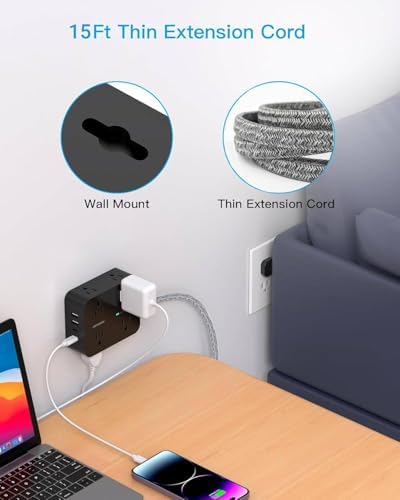 Maximize Your Power Efficiency with HANYCONY 5 Ft Ultra Thin Flat Plug Surge Protector Power Strip – 8 Outlet Extender & 4 Fast-Charging USB Ports (2 USB-C) for College Dorm Room Essentials – 1080 Joules Surge Protection & Wall Mount Design in Sleek Black Finish
