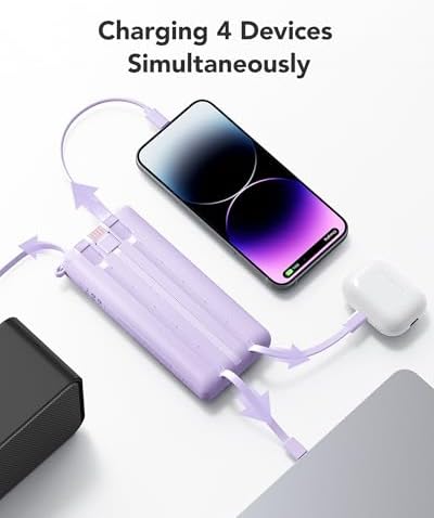 Ultimate 20000 m Ah VRURC Portable Charger with Built-in Cables – Fast Charging Power Bank for Travel, PD & QC 3.0 Compatible, 4 Output Ports & Dual Input, Ideal for i Phone, Samsung, Android Devices – Compact & Durable Battery Pack for On-the-Go Power