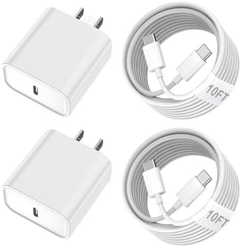 10 FT Ultra-Fast USB-C Charging Cable Set for i Phone 16/15 Pro Max – 2-Pack Long-Lasting Cords with 20 W Quick Charge Block for Efficient Power Delivery – Perfect for Home, Office, and On-the-Go Use – Durable Design for Enhanced Compatibility with i Pad Pro/Air/Mini