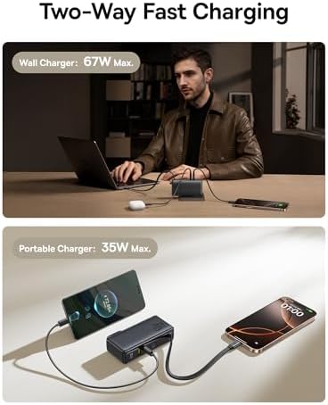 Baseus Nomos 3-in-1 Power Bank: 67 W Fast Charging with Foldable Wall Plug & 10,000 m Ah Capacity – Ultimate Travel Charger with Built-in USB-C Cable for i Phone 16/15, Samsung, Mac Book & Laptops – Unmatched Compatibility & Speed on the Go