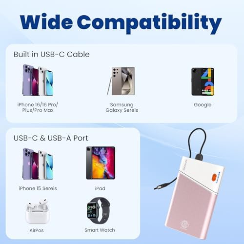 Sleek 5000 m Ah Pink Portable Power Bank with Integrated USB-C Fast Charger – Ultra-Compact Mini Battery Pack for i Phone 16/15/14 & Samsung S24 – Lightweight Design with Handy Lanyard for Effortless Travel Charging