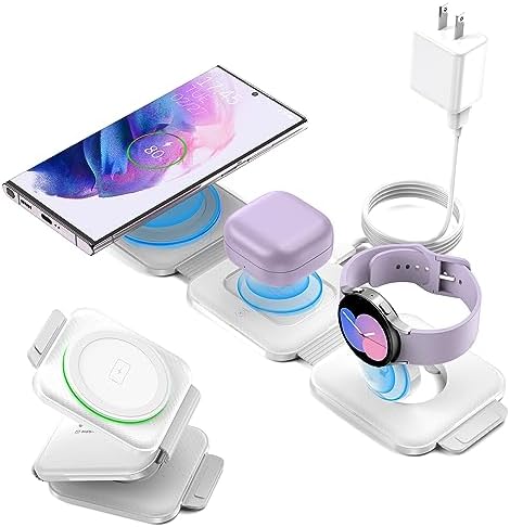 Ultra-Fast 3-in-1 Foldable Wireless Charger for Samsung Devices – Compact Travel Charging Station for Galaxy S25 Ultra, Z Flip 6/5, Watch 8/7, and Buds Pro3 (Purple) – Enhanced Compatibility & Speed with Intelligent Status Light and Protective Case Charging Capability