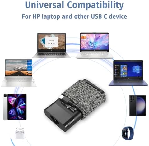 Compact 65 W HP USB-C Laptop Charger – Fast Charging AC Adapter for Spectre x360, Chromebook, Elitebook x360 & Envy – Enhanced Durability & Compatibility for Home, Travel & Study – Reliable Power Supply with Smart Chip Protection & 30-Day Money-Back Guarantee