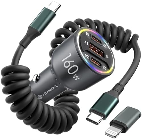 Experience Ultimate Road Power with the HUNDA 160 W USB C Car Charger – Triple Port Fast Charging for i Phone 15, Galaxy S24 & More – PD 100 W & 30 W High-Speed Charging, Compact Design for On-the-Go Convenience, Multi-Device Compatibility with Smart Safety Features for Overcharge Protection