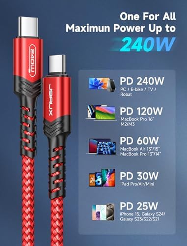 JSAUX 10 FT 240 W USB C to USB C Charging Cable – Premium Nylon Braided Fast Charger for Mac Book Pro, i Phone 16/16 Pro Max, Samsung Galaxy, Pixel – Enhanced Durability and Data Transfer Speeds – Ultimate Compatibility for Modern Devices