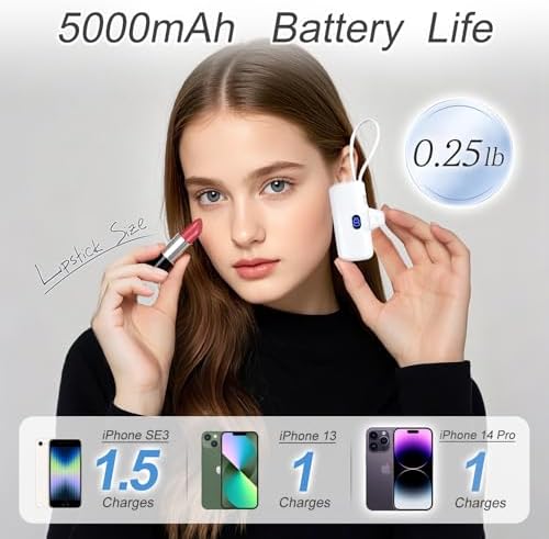 Ultra-Compact 5000 m Ah Mini Power Bank for i Phone and Android – Dual Charging with USB-C Cable, LED Battery Indicator, Reliable Travel Essential for i Phone 14/13/12/11 Series – Stay Powered Anywhere, Anytime