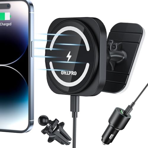 OHLPRO Mag Safe Car Mount Wireless Charger – 15 W Fast Charging Magnetic Phone Holder for i Phone 12-16 Series with Versatile Air Vent and Dashboard Installation – Enhanced Compatibility for On-the-Go Convenience and Safety