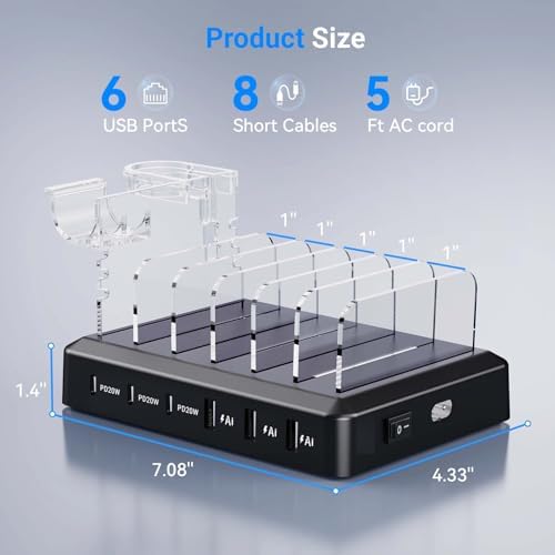 Catlyn 6-Port Fast Charging Station with 90 W Power Output – Multi-Device Organizer Dock with 8 Mixed Charger Cables for Seamless Home and Office Use – Compatible with i Phone, i Pad, Kindle & More – Compact Design for Clutter-Free Charging