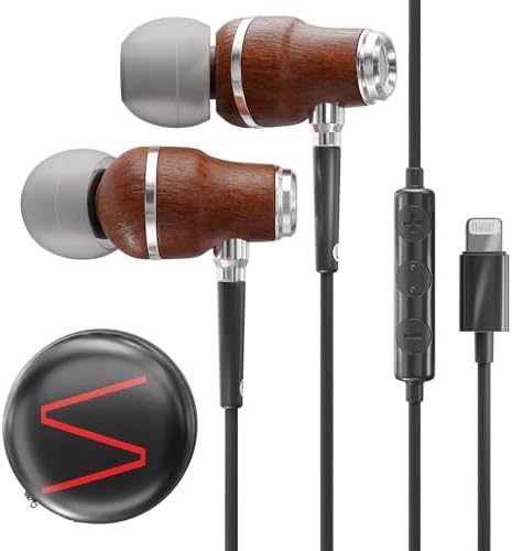 Experience Exceptional Sound: Symphonized Bubinga Wood i Phone Earbuds with Deep Bass and 90% Noise Cancellation, 3 D Audio Technology, Lightning Connector, and Built-in Microphone for Effortless Control – Perfect Compatibility from i Phone SE to 14