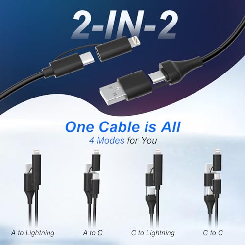 Ultimate 4-in-1 MFi Certified USB C and Lightning Charging Cable – 60 W Fast Charge & Data Sync for Apple Car Play & Android Auto – Tangle-Free Coiled Multi-Device Charging Solution for i Phone, Android, i Pad, and Laptops – Premium Compatibility & Speed Enhancement