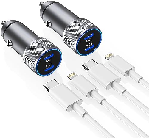 High-Performance i Phone Car Charger – Dual-Port 38 W USB-C & QC3.0 Fast Charging Adapter with 2 Lightning Cables, MFi Certified for i Phone 14, 13 Pro Max, 12, 11, X – Sleek Grey Design for Enhanced Compatibility and Efficiency on the Road