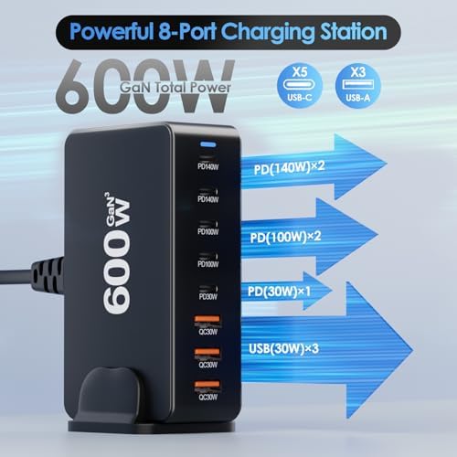 Ultra-Fast 500 W Ga N III 8-Port USB C Charging Hub – Multi-Device Fast Charger Station for Mac Book, i Phone, i Pad, Dell & More – Optimized for Speed and Versatility in Home & Office Charging Solutions