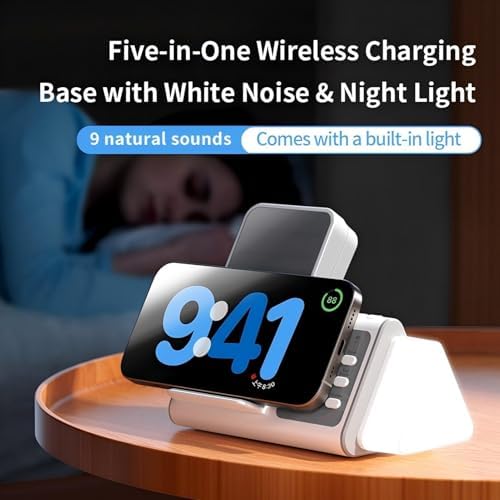 Multifunctional 3-in-1 Wireless Charging Station with White Noise Machine, Adjustable Night Lights & Auto-Off Timer – Ideal for Charging Multiple Devices, Enhancing Relaxation, and Reducing Clutter in Home or Office Spaces