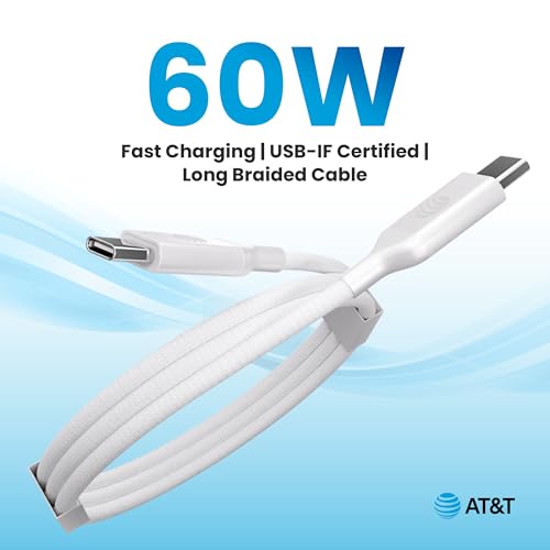 AT&T 6 ft Braided USB-C Charging Cable – Durable & Tangle-Free Cord for Fast Data Transfer and Universal Device Compatibility – Ideal for Phones, Tablets, and Laptops – Includes Warranty for Enhanced Reliability – Sleek Black Design