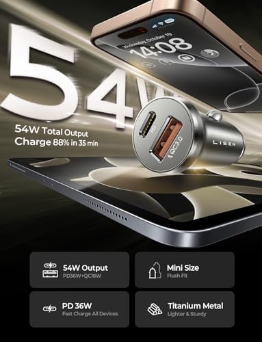 LISEN 54 W Dual Port Super Fast Car Charger for i Phone 16 & Samsung Galaxy S25 Ultra – 35-Minute Rapid Charge with Durable Alloy Design – Universal Compatibility for All Devices – Perfect for Road Trips and Daily Commutes