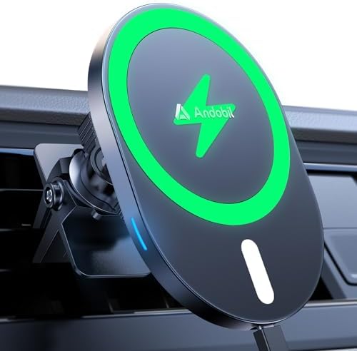andobil 15 W Fast Wireless Car Charger & Magnetic Phone Mount for i Phone 16 Pro Max, 15 Pro, 14 Pro Max, 13, 12 – Seamless Integration of High-Speed Charging and Secure Magnetic Support for an Enhanced Driving Experience, Adjustable Viewing Angles, and Sleek Design for Effortless Accessibility