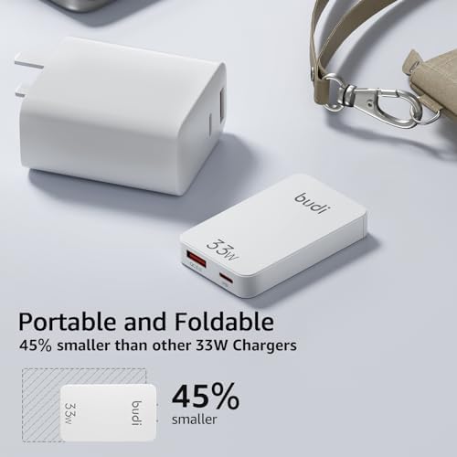 BUDI 33 W Ultra-Slim Travel Wall Charger – Dual USB Fast Charging Adapter for Mac Book, i Pad, i Phone, Samsung Galaxy & More – Compact Design with Advanced Safety Features for Effortless Device Charging