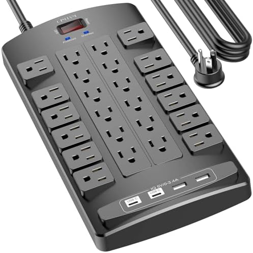 Ultimate QINLIANF Surge Protector Power Strip – 6 Ft Heavy-Duty Extension Cord with 24 Versatile Outlets and 4 High-Speed USB Ports (2 USB-C), 1875 W/15 A Capacity, 4100 J Surge Protection for Home, Office, and Dorm Use – ETL Certified for Maximum Safety and Reliability