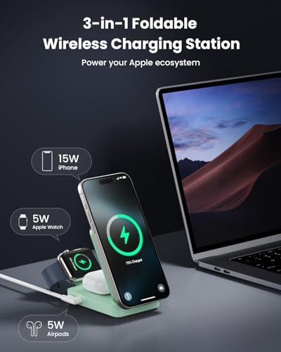 Ultimate 3-in-1 Wireless Charging Station for Apple Devices – 15 W Fast Magnetic Charger Stand with 30 W USB-C Adapter – Enhanced Safety, Cooling System & Foldable Design for i Phone 16/15/14/13/12, Apple Watch, Air Pods – Versatile, Compact & Travel-Friendly Solution for Seamless Charging Experience