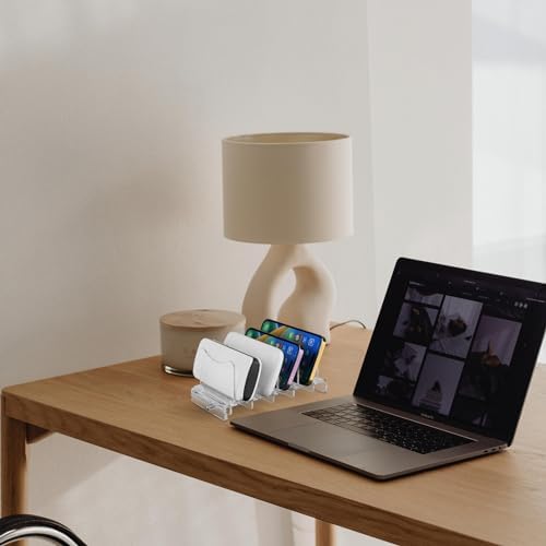 Sleek Acrylic Multi-Device Charging Stand – Black Organizer for Power Banks, Phones & Tablets – 4 Slot Desktop Holder with Enhanced Airflow for Rapid Charging & Tangle-Free Storage – Ideal for Home & Office Use
