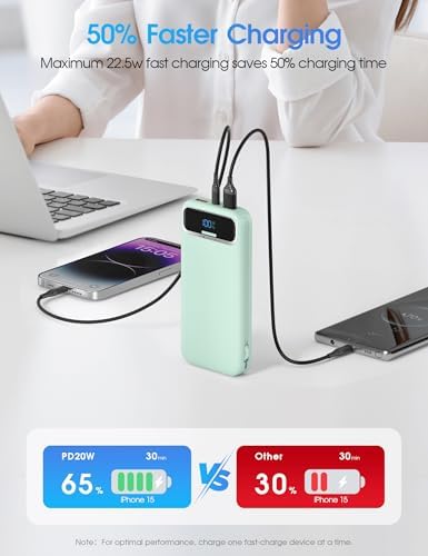 Ultra-Compact 12000 m Ah Power Bank with Built-in Charging Cables & AC Plug – 20 W PD Fast Charging for i Phone, Samsung, Android, USB-C Devices – Travel-Friendly External Battery Pack in Purple – Unmatched Portability and Efficiency for On-the-Go Charging Solutions