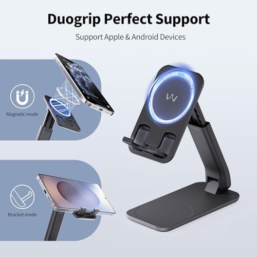 i WALK Adjustable Magnetic Phone Stand for Desk – Versatile Height and Angle Customization, Foldable Design for i Phone 16, 15, 14, 13, 12 Pro Max & Samsung Galaxy – Ergonomic Viewing Comfort, Sleek Black Finish for Modern Workspaces