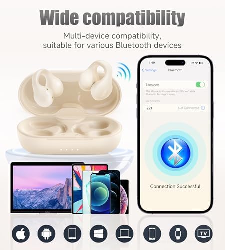 King Lucky i21 Purple Bluetooth 5.3 Open Ear Clip-On Earbuds – Advanced Noise Cancellation & IPX4 Waterproof Design for Small Ears and Glasses Wearers – Perfect for Active Lifestyles & Hands-Free Calls