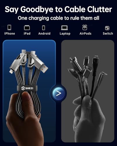 SHEZI 4-in-1 Fast Charging USB C Cable – 60 W Power Delivery with Lightning, USB C, and USB A Ports – 5 FT Durable Flat Nylon Braided Cord – Stylish Pink Design for i Phone, i Pad, and More – High-Speed 480 Mbps Data Transfer Solution for All Your Devices