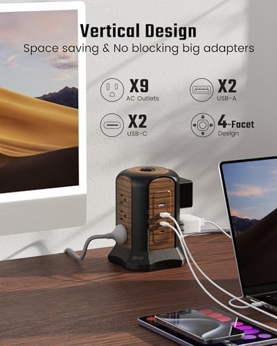 Maximize Your Charging Efficiency with the SUPERDANNY Power Strip Tower Surge Protector – 9 Outlets & 4 USB Ports, 10 Ft Extension Cord, 1080 Joules Surge Protection, Grounded Safety Design for Home and Office Use – Stylish Black Desktop Charging Station for Clutter-Free Solutions