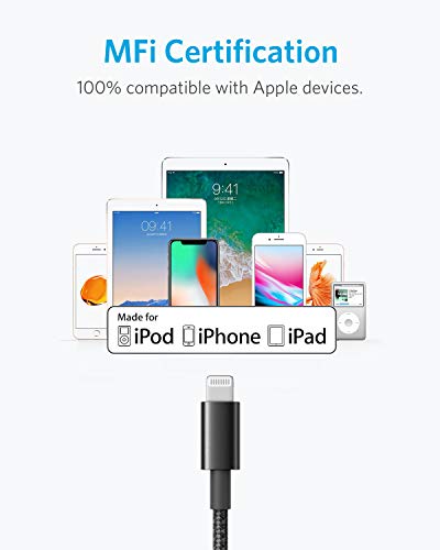 Anker 6 ft Durable Double-Braided Nylon Lightning Cable – Apple MFi Certified for Fast Charging and Data Transfer with i Phone and i Pad Compatibility – Premium Quality Accessory for Reliable Performance (Black)