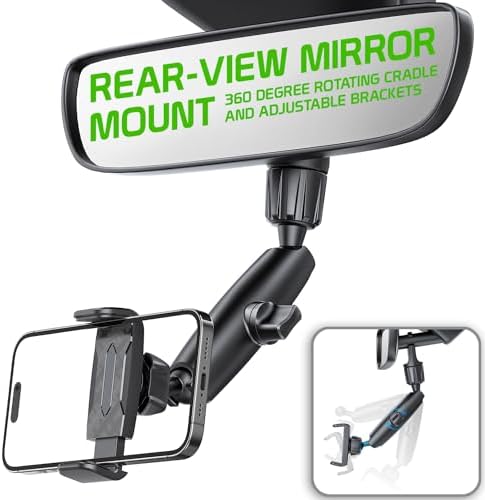 Universal 360-Degree Rotating Car Mirror Phone Mount – Adjustable Cradle for i Phone 14 Pro, Galaxy S23 Ultra & More – Hands-Free Driving Accessory for Enhanced Safety and Convenience