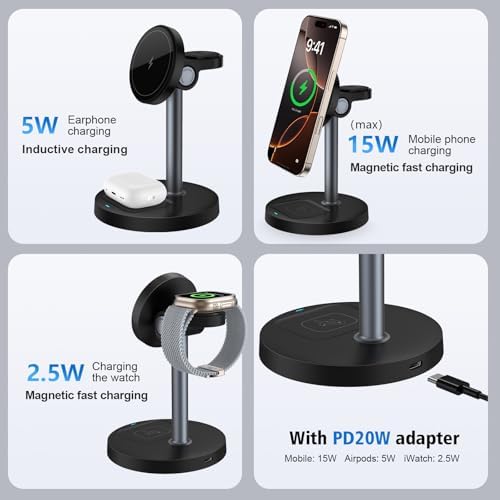Revolutionize Your Charging Experience with the Mag-Safe 3-in-1 Wireless Charging Station – Fast 15 W Magnetic Charger for i Phone 12-16, Apple Watch, and Air Pods – Sleek Black Design Perfect for Nightstands and Desks – Ideal Gift for Tech Enthusiasts – Enhanced Compatibility for Effortless Power Management