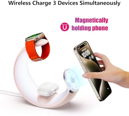 Ultimate 3-in-1 Magnetic Wireless Charging Station for Apple Devices – Fast Charge Your i Phone 16/15/14/13/12/11, Apple Watch Series & Air Pods 4 with RGB Night Light – Enhanced Safety & Intelligent Charging Technology – Artful Design for Home and Office Aesthetics