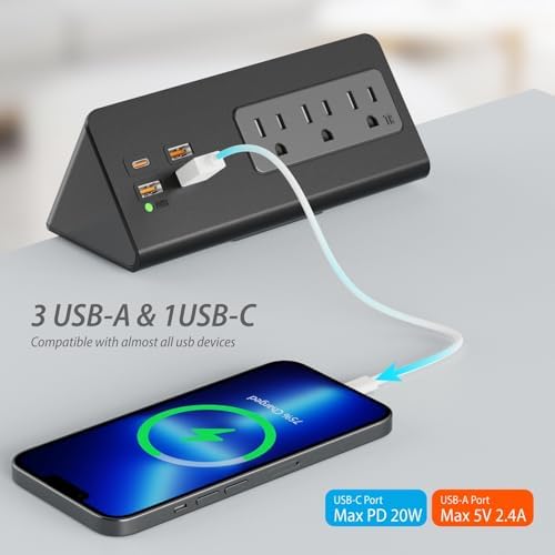 Desk Edge Clamp Power Strip with 4 Fast-Charging USB Ports & 3 AC Outlets – 1875 Joules Surge Protector for Office & Hotel Use, ETL Listed, Space-Saving Design for Convenient Charging Solutions