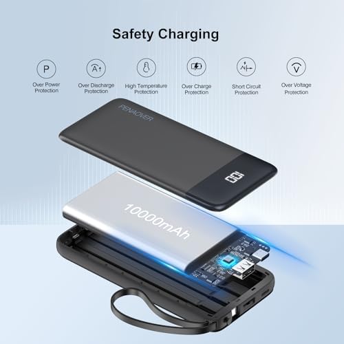 Ultimate 10000 m Ah Portable Power Bank with Built-in Charging Cable and LED Power Indicator – Travel-Ready External Battery Pack for i Phone 16/15, Samsung S22, and Android Devices – Unmatched Compatibility and Rapid Charging for On-the-Go Lifestyles